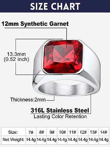 Bandmax Stainless Steel Wedding Band for Men Ruby Stone Rings Mens Signet Ring Statement Ring Red Cubic Zirconia Crystal Cocktail Ring Size 10 Gift for Dad Husband