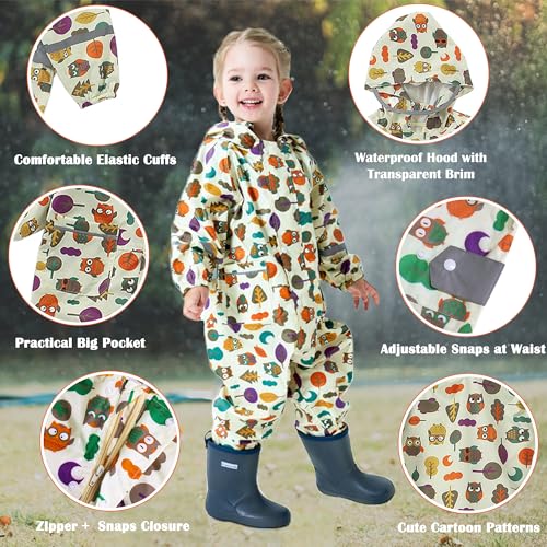 Kids Toddler Rain Suit for Boys Girls One Piece Hoodie Zipper Cartoon Waterproof Coverall Rain Jacket 1-10 Years S Size