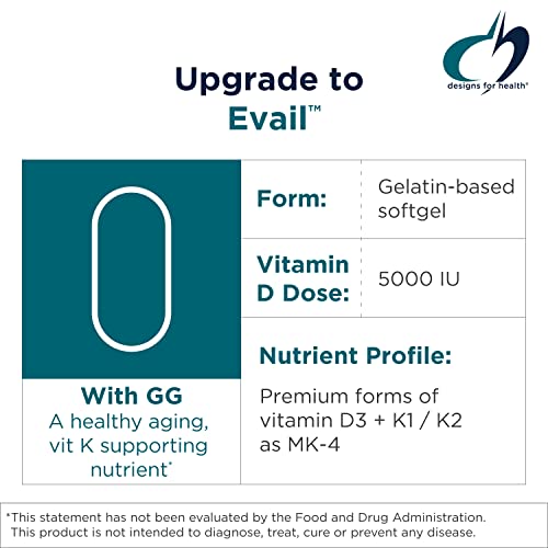 Designs for Health D-Evail Supreme - 5,000 IU Vitamin D3 Supplement with Vit K (K1, K2 as MK-4) + GG - Bone, Cardiovascular + Immune Support - Improved Bioavailability (60 Softgels)