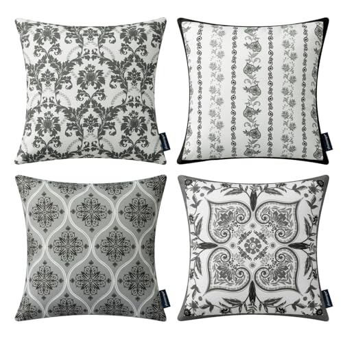 Phantoscope Pack of 4 Outdoor Pillows Waterproof Boho Geometric Outdoor Throw Pillow Covers, Decorative Floral Patio Pillows Square Cushion Case for Couch Tent Sunbrella, Black/White, 18x18 Inches