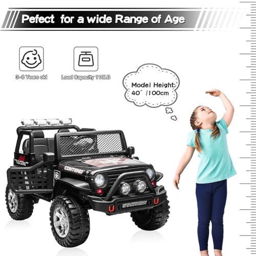SEHOMY Kids Ride On Truck with Remote, 12V Battery Powered Electric Car for Kids - Two Seater with one Belt, Spring Suspension, LED Lights, Safety Belt, Music, 4 Wheels Kids Electric Vehicles Black