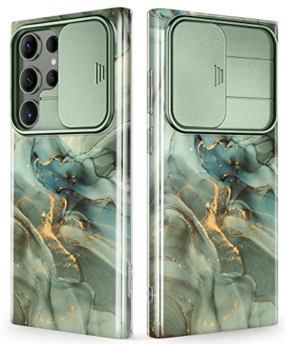 GVIEWIN for Samsung Galaxy S23 Ultra Case with Slide Camera Cover, [Military Grade Drop Protection] Slim Marble Design Best Shockproof Protective Phone Case Fit S23 Ultra 5G 6.8" (Aurora/Azure Blue)