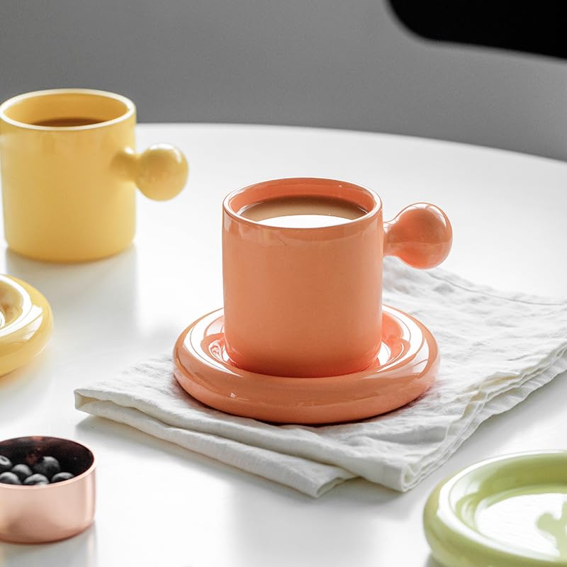 Koythin Ceramic Coffee Mug, Cute Mug Ball Handle with Saucer for Office and Home, Creative Cup with Comfortable Handle, 10 oz/300 ml for Latte Tea Milk (Candy Orange)