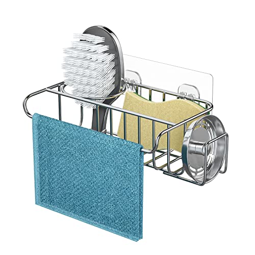 HapiRm 4 in 1 Adhesive Sink Caddy Sponge Holder, SUS304 Stainless Steel Sink Basket Brush Holder + Dish Cloth Hanger + Soap Rack + Sink Stopper Holder + Sponge Holder for Kitchen Sink - Silver