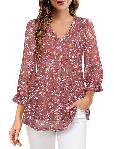 Youtalia Blouses for Women Fashion 2023,Ruffle 3/4 Sleeve Ladies Dressy Tops Elegant V Neck Tunic Shirts for Women Business Attire Work Clothes for Office Floral Flowy Peasant Tops Dreamy Violet M