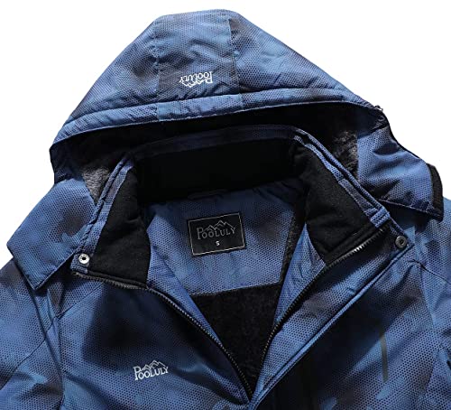 Pooluly Men's Ski Jacket Warm Winter Waterproof Windbreaker Hooded Raincoat Snowboarding Jackets Blue Camo-S