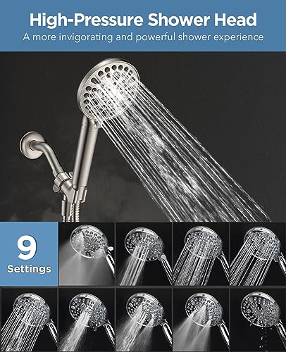 MakeFit Handheld Shower Head with Filter Brushed Nickel - High Pressure 10 Spray Modes Filtered Shower Head with Hose, Bracket and Hard Water Shower Filters to Remove Chlorine and Heavy Metals