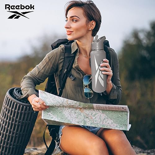 Reebok Stainless Steel Water Bottle With Straw Cap & Athletic Design - 32 oz - Double Wall Vacuum Insulated Sports Water Bottle With Straw, BPA Free (Grey with White Vector)