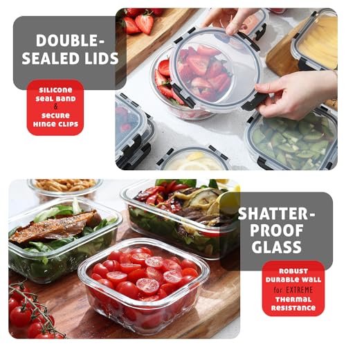 EATEX 12-Pack Glass Food Storage Containers with Lids, Airtight Glass Meal Prep Containers, Reusable Glass Food Containers with Leakproof Snap Lock Lids, Oven Microwave Freezer Safe Lunch Containers