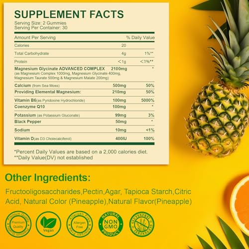 Magnesium Glycinate Gummies 400mg, Sugar Free Magnesium Taurate, Magnesium Malate Supplement with Vitamin D, B6, CoQ10 for Relaxation, Stress Relief, Muscle, Bone & Sleep Support- 60 Pineapple Gummies