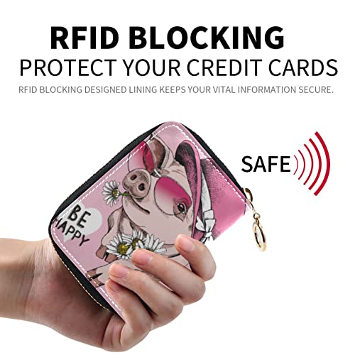 OTVEE Cute Pig Pink Small RFID Credit Card Holder Wallet Leather Zipper Credit Card Case for Women Ladies Girls Kids