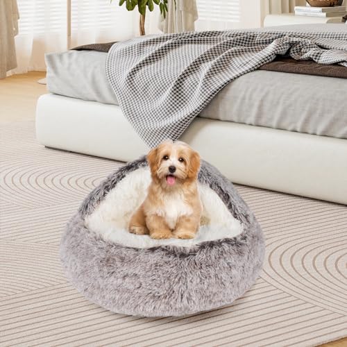 Qianchilang Cat Beds & Dog Bed with Cover Cave, Dog Beds for Small Dogs, Round Soft Plush Donut Calming Pet Bed for Indoor Cats or Small Dog, Washable Puppy Bed with Non-Slip Bottom-16inch