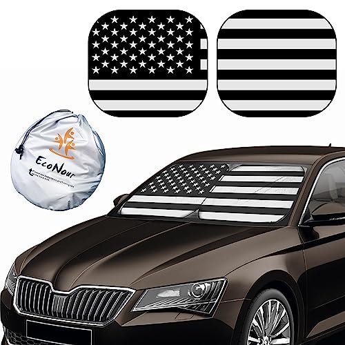 EcoNour 2-Piece Car Windshield Sun Shade (B/W Flag) | Durable 240T Polyester Sun Shield for Front Window Protection | Foldable Automotive Interior Accessories for UV Protection | Medium (28” x 31”)