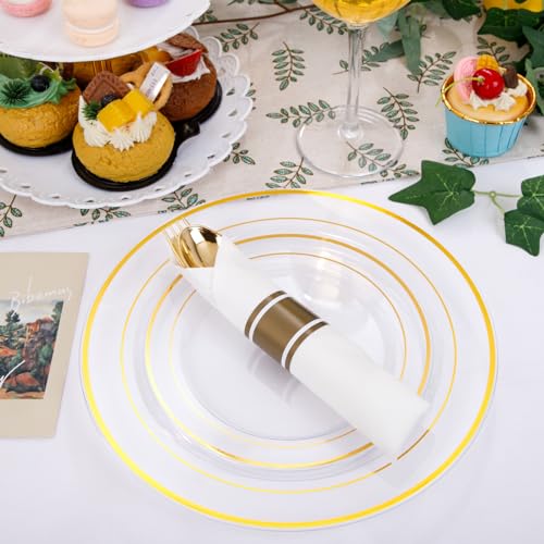 DaYammi 210PCS Clear Gold Plastic Dinnerware Set for 30 Guests, Fancy Disposable Plates for Party, Include: 30 Dinner Plates, 30 Dessert Plates, 30 Pre Rolled Napkins with Gold Silverware, 30 Cups