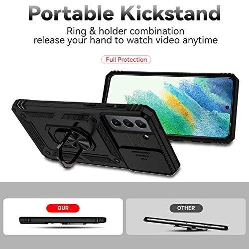 for Samsung Galaxy S21 FE 5G Case with Camera Lens Cover HD Screen Protector, Military-Grade Drop Tested Magnetic Ring Holder Kickstand Protective Phone Case for Samsung Galaxy S21 FE 5G (Black)