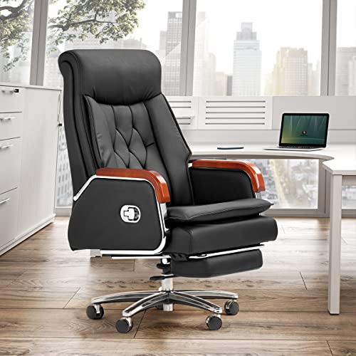 Kinnls Cameron Massage Chair Genuine Leather Executive Office Chair for Long Hours Ergonomic Home Chair Fully Reclining with Pillow,Retractable Footrest and Adjustable Headrest (Cowhide Leather-Black)