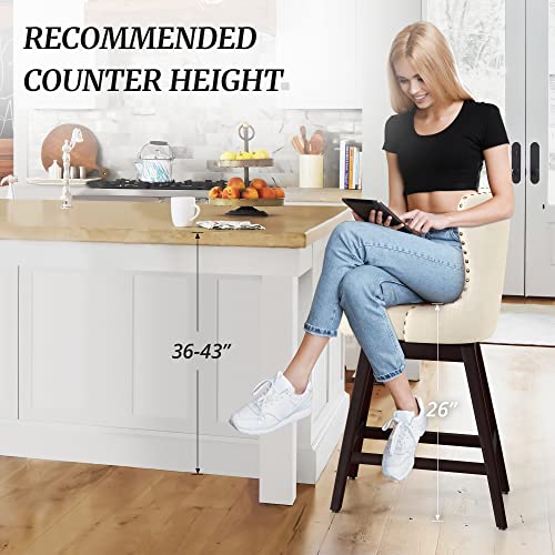 Cozyman Counter Height Bar Stools, 30" H Swivel Bar Stool with Back, Linen Fabric Counter Stool, Solid Wood Legs, Retro Upholstered Barstools for Kitchen Island, Home Bar, Pub, Beige