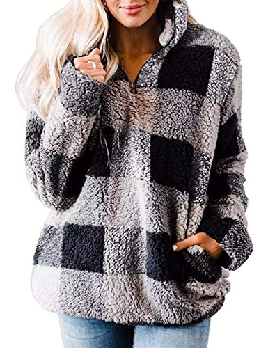 MEROKEETY Women's Plaid Sherpa Fleece Zip Sweatshirt Long Sleeve Pullover Jacket, Black, S