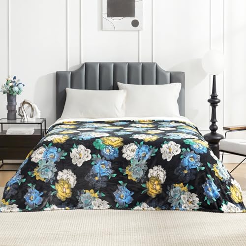 Cozy Bliss Midnight Bloom Bed Blanket Queen Size Bed Luxury Printed Single Layer Plush - Offside Pure White, Most Giftable for Your Famliy and Friends 90"x90"