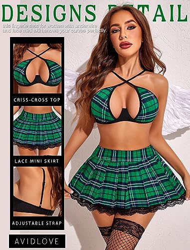 Avidlove Woman Lingerie Sets Sexy Costumes Outfit Two Piece Lingerie Sets with Lace Pleated Skirt(Pink Black Plaid,S)