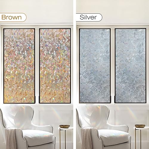 rabbitgoo Window Privacy Film, Rainbow Static Cling Decorative Stained Glass Window Film, Heat Control Window Tinting Film for Home, Grayish Silver, 35.4 x 157.4 inches