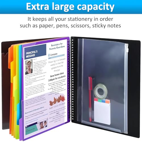 HABGP 12 Pocket Plastic folders with Pockets, 6 Colors Multi Pocket Folder Binder with Dividers, Office Organizer Folder Letter Size School Supplies