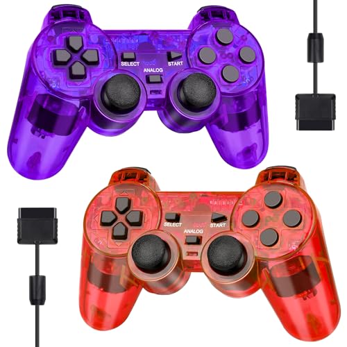 Doueuain Wired Controller for PS2, 2 Pack Gamepad Remote Double Shock Compatible with Play station 2, with 1.8M Cable（Clear Red and Clear Blue）