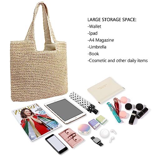 GERYUAEG Large Straw Beach Bag for Women with Coin Purse, Woven Tote Bag Summer bag Travel Shoulder Handbag (Beige)