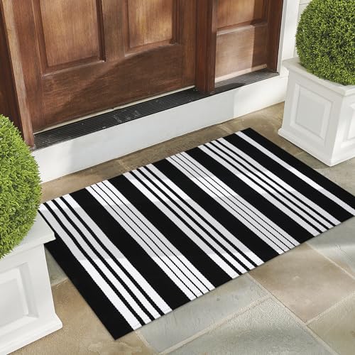Ailsan Black and White Striped Rug Doormat 24"x35", Washable Black Front Door Mats, Woven Outdoor Porch Rug for Layered Kitchen/Farmhouse/Home Entrance