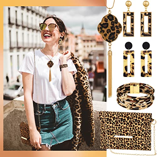 Sotiff 5 Pcs Women Leopard Purse Leopard Jewelry Set Necklaces Clutch Earring Leather Wrap Bracelets Long Tassel Pendant(Classic)