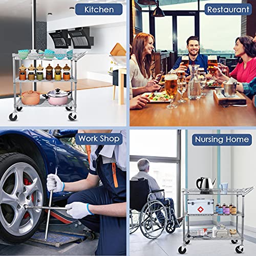 WDT Heavy Duty 3 Tier Utility Cart,Wire Rolling Cart with Wheels, Commercial Grade Service Cart with Shelving Liners and Handle Bar Metal Carts for Kitchen Office Hardware (750LBS Capacity Black)