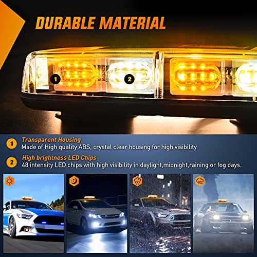 Nilight 2PCS 12 Inch Roof Top Strobe Lights 48LED Hazard Light Emergency Safety Warning LED Flashing Light Bar Magnetic Mount 12V 24V for Cars Trucks Snow Plows Construction Vehicles