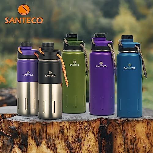 Insulated Water Bottles 24 oz, Santeco Stainless Steel Bottle with Lanyard & Wide Mouth Spout Lid, Leak Proof, Double Wall Vacuum Water Bottle, Keep Drinks Hot & Cold for Hiking Camping