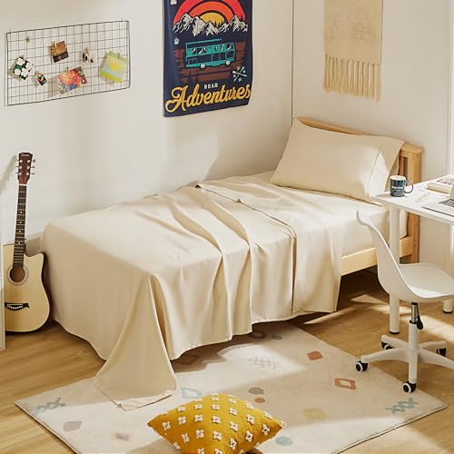 SLEEP ZONE Soft Sheets for Twin Size Bed, 3 Pieces Skin-Friendly & Breathable Sheet Set for Kids, Students, Easy Care Microfiber Sheet Set (Beige, Twin)