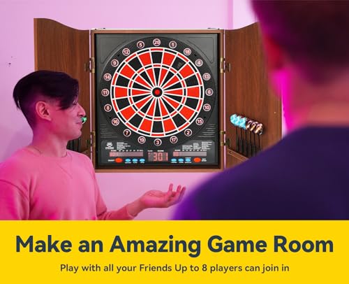 Electronic Dart Board LED Electric Digital Scoreboard Dart Boards for Adults with MDF Cabinet, up to 8 Players, 34 Games,355 Variations - 12 Soft Tip Darts & 100 Replacement tips - Great for Game Room