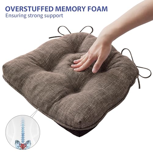 IPYNBAP Chair Cushions for Dining Chairs Set of 2, Indoor Kitchen Chair Cushions with Ties and Non Slip Backing, Tufted Shredded Memory Foam Kitchen Chair Pads, 15.5" x 15.5" x 4", Brown