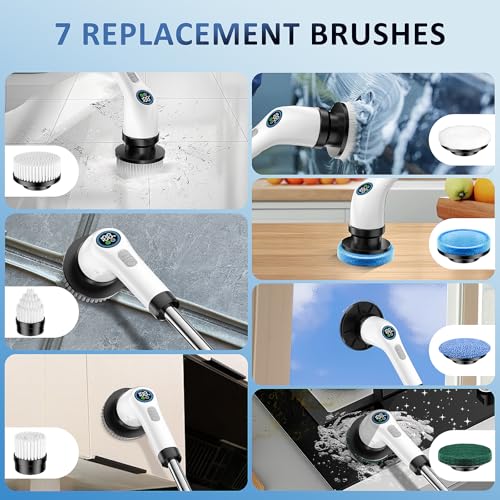 Electric Spin Scrubber, Full-Body IPX7 Waterproof Cordless Power Cleaning Brush with Adjustable Extension Handle, 2-Speed Shower Scrubber with 7 Replaceable Brush Heads for Bathroom, Kitchen Cleaning