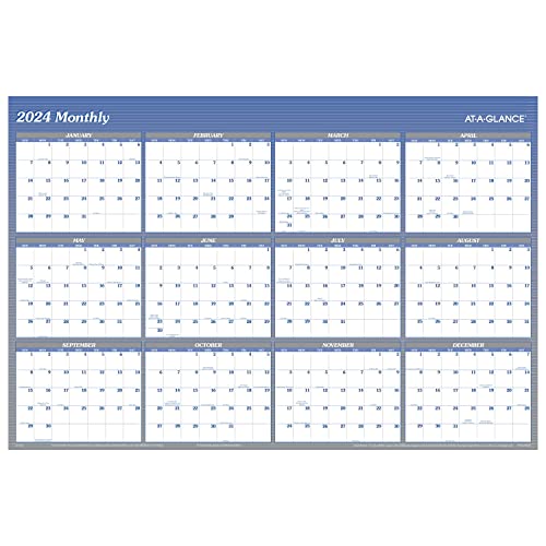 AT-A-GLANCE 2024 Wall Calendar, Dry Erase Monthly Wall Planner, 12 Month, 48" x 32", Extra Large, Vertical/Horizontal, Reversible, Blue (A1152-24)