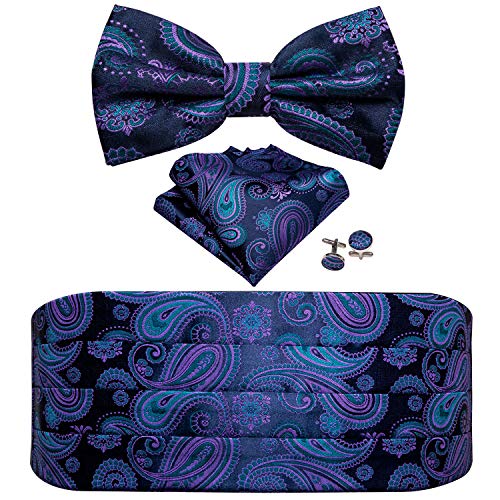 YOHOWA Men Cummerbund Bow Tie Set Paisley Gold Silk Pre-Tied Bowtie Pocket Square Cufflinks Formal Wedding Party Prom Tuxedo