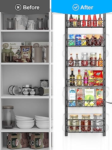 Fulpower Over the Door Pantry Organizer, 6-Tier Pantry Organizers and Storage, 6+1 Metal Hanging Wall Mount Spice Rack for Kitchen Behind the Door Storage Organizer with Adjustable Basket