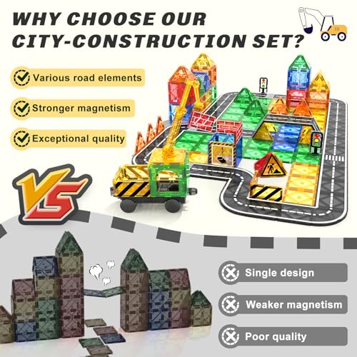 Kids Games Magnetic Tiles Road Set with Extendable Magnetic Crane, City Construction Building Toys for Toddlers STEM Preschool Toys Ages 4-6 5-7, Gifts for 3+ Year Old Boys Girls Kids Toys with Car