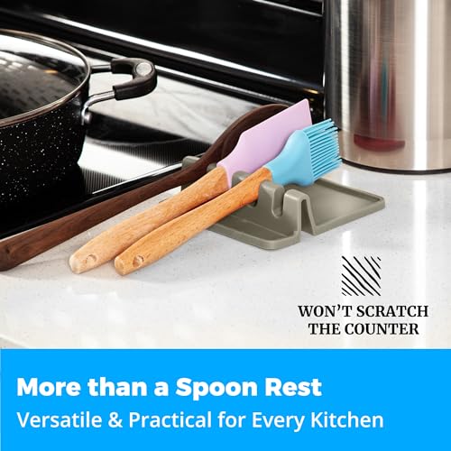 Black Silicone Spoon Rest for Stove Top with Drip Pad (Two Pack) - Heat-Resistant, BPA-Free Utensil Rest & Spoon Holder for Kitchen Counter - Grill Utensil Holder for Spatulas, Tongs, Ladles