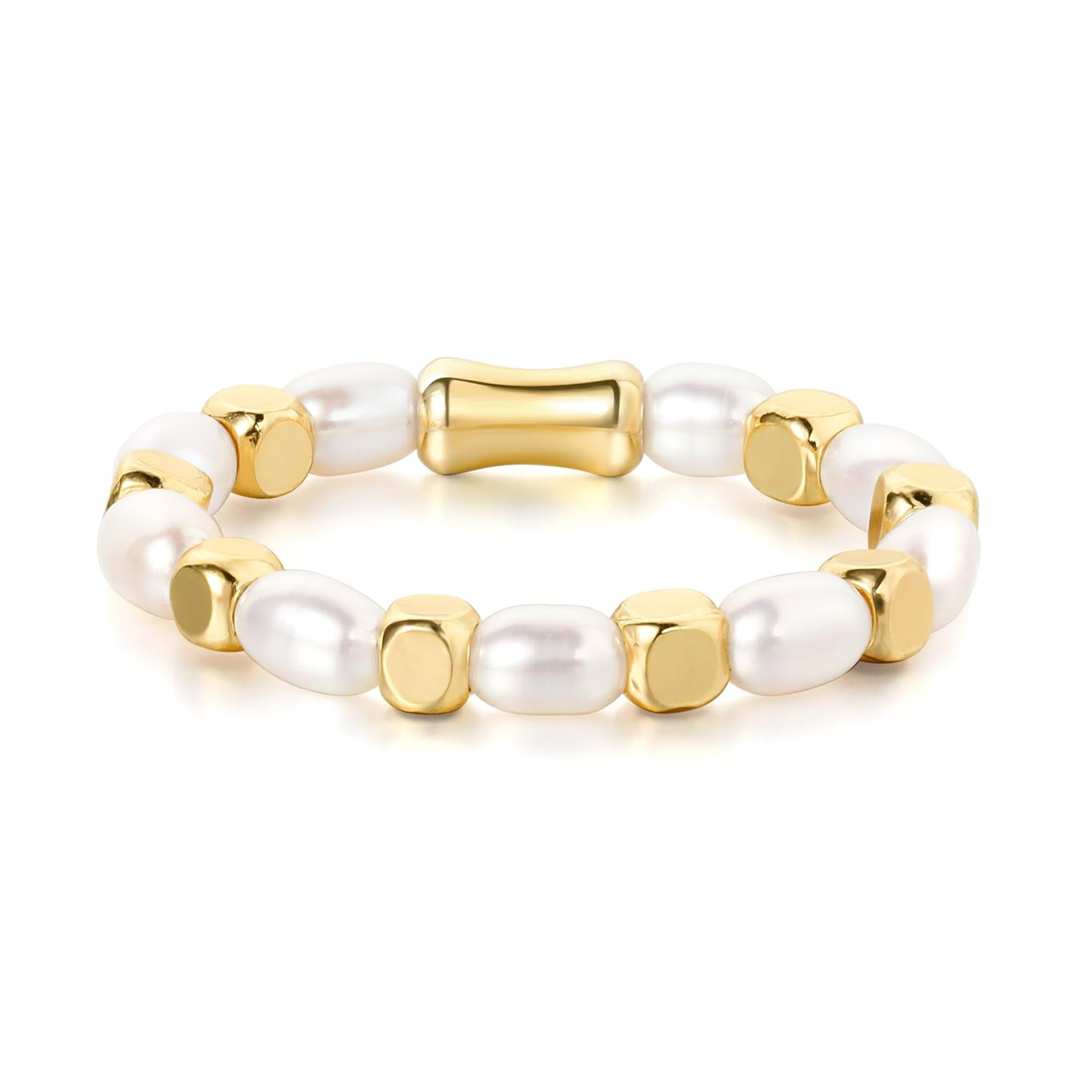 Baroque Pearl Dainty Beaded Rings for Women Stackable Stretch Jewelry Flexible Elastic Gold Cube Ring Sizes 6-9