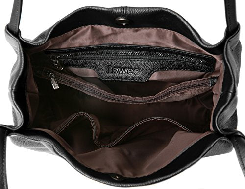 Iswee Black Leather Tote Bag Soft Genuine Leather Shoulder Bag Bucket Bags for Women Handbags and Purses Slouchy Hobo Large Satchel (Black)