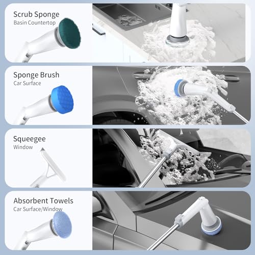 GROMCLIP Electric Spin Scrubber, Electric Shower Scrubber with Long Handle Adjustable, 8 Replaceable Heads and Battery Display, 2 Speeds Electric Spin Brush for Cleaning Bathroom Tub Floor Tile Basin