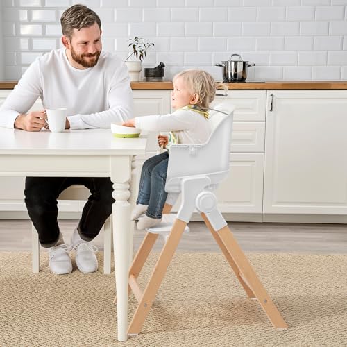 Ezebaby Folding Wooden High Chairs, 3-in-1 Convertible Baby High Chair, Dining Booster Seat, Toddler Chair, Easy Clean High Chairs for Babies and Toddlers with Large Adjustable Tray- Solid White