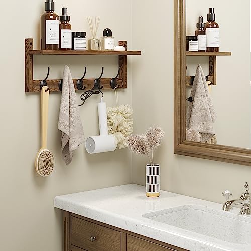 AMBIRD Wall Hooks with Shelf | Entryway Hanging Wood Coat Hooks | Wall-Mounted Rack with 5 Dual Hooks | Bathroom, Living Room, Bedroom (Modern).