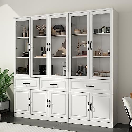 Hitow Tall Bookshelf with Glass Doors & Drawers, 2 Piece Large Storage Cabinet Set, Home Office Bookcase with Doors, Glass Display Cabinet for Living Room, White (78.7" W x 15.7" D x 78.9" H)