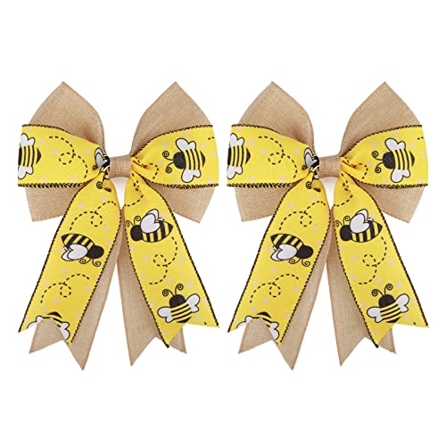 Meseey 2 Pcs Large Bumble Bee Burlap Bow 10.8 x 8.8 Inch Yellow Black Bee Craft Decoration Bow for Baby Shower Party Holiday Gift Wrapping Basket Ornaments Bunting DIY Crafts (Bee))