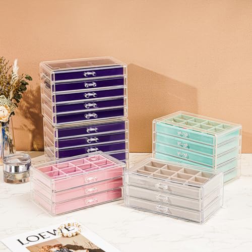 ProCase Earring Holder Organizer Jewelry Box with 3 Drawers, Acrylic Clear Earring Case with Adjustable Velvet Trays for Women - Aqua, 3 Layers